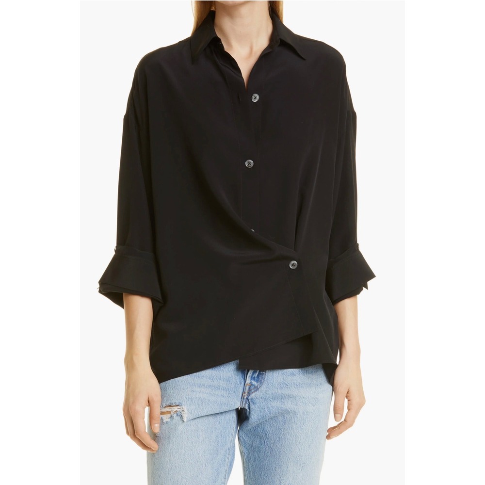 TWP Midnight Satin Sheets Blouse Black 100% Silk Oversized Button Down XS/S - Picture 3 of 15